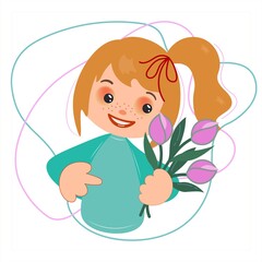 Happy little girl with a bouquet of tulips. Cute childish emotions. Cartoon character. Vector Illustration on a white background. For registration of greeting cards.