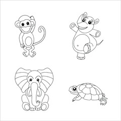 Animal coloring pages. Vector outline. Coloring book for adult and children. Monkey, rhino, elephant, turtle
