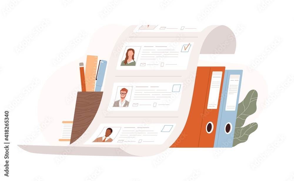Poster list of candidates for vacancy. hr, human recruiting and hiring concept. selecting from applicants a