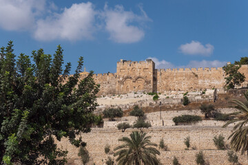 View of the Golden Gate or Gate of Mercy on the east-side of the Temple Mount of the Old City of Jerusalem, Israel