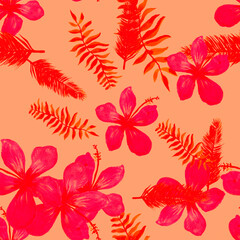 Red Seamless Leaves. Pink Pattern Illustration. Scarlet Tropical Design. Ruby Flower Plant. Coral Drawing Painting. Spring Leaves. Flora Painting. Floral Art.