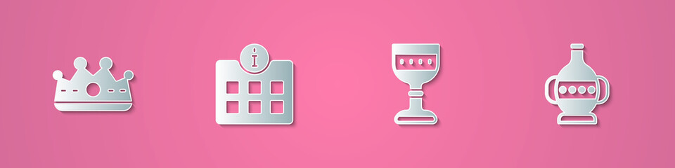 Set paper cut King crown, Information, Medieval goblet and Ancient amphorae icon. Paper art style. Vector.