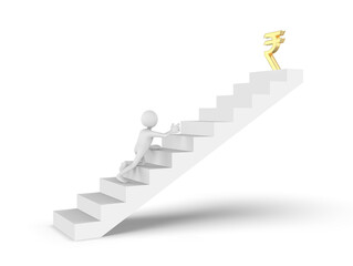 3D cartoon man striving in stairs raising hand towards Indian Rupee symbol
