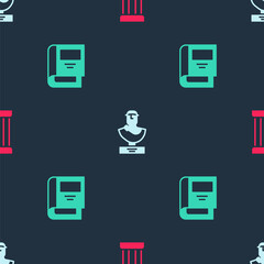 Set Ancient column, bust sculpture and History book on seamless pattern. Vector.