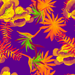 Fototapeta na wymiar Coral Tropical Design. Pink Seamless Texture. Gray Pattern Painting. Garden Texture. Wallpaper Art. Drawing Painting. Floral Art. Watercolor Design.
