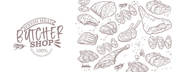Sticker of meat products. Beef, pork, lamb. Vector illustration in the style of a sketch. A booklet, banner, or flyer of a butcher shop or store.