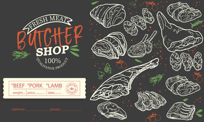 Sticker of meat products. Beef, pork, lamb. Vector illustration in the style of a sketch. A booklet, banner, or flyer of a butcher shop or store.