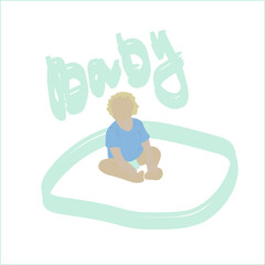 little boy, child, newborn. vector eps 10. baby is sitting on the floor. light brown curly hair. flat design. diaper. playing on the floor. print for children's clothing. advertising of baby food.