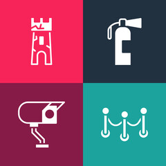 Set pop art Rope barrier, Security camera, Fire extinguisher and Castle tower icon. Vector.