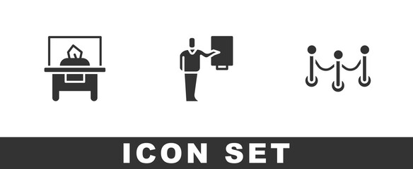 Set Glass showcase for exhibit, Museum guide and Rope barrier icon. Vector.