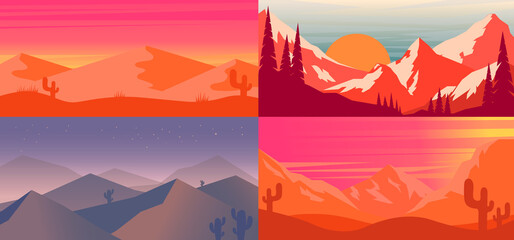 Set of cartoon desert landscape in flat style. Design element for poster, card, banner, flyer. Vector illustration