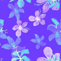 Fototapeta na wymiar Indigo Tropical Vintage. Navy Seamless Hibiscus. Cobalt Pattern Nature. Azure Flower Leaves. Blue Wallpaper Art. Gray Drawing Textile. Decoration Exotic.