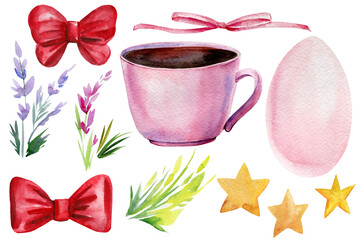 Stars, cup, bows and flowers on an isolated white background, watercolor painting