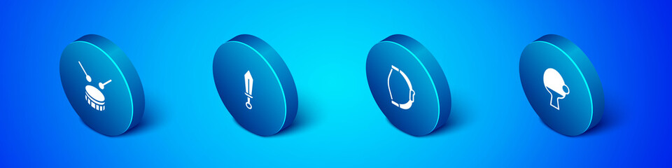 Set Isometric Drum with drum sticks, Bow toy, Racket and ball and Sword icon. Vector.