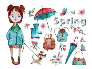 Hand drawn watercolor illustration of a cute little girl with her things. Cute isolated elements on a white background.