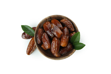 Wooden bowl of dates isolated on white background