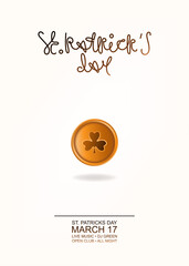 Happy St. Patrick's Day! Greeting card or invitation to a holiday or party. Curly inscription of the holiday with the attribute of the holiday. Gold coin with trefoil sign. Vector