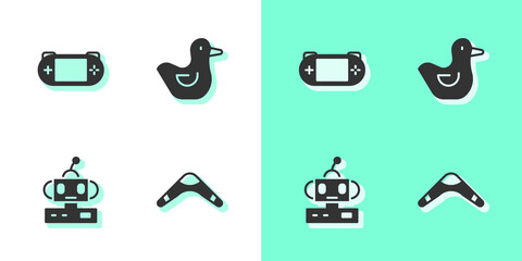 Set Boomerang, Portable video game console, Robot toy and Rubber duck icon. Vector.