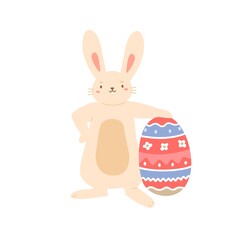 Cute bunny holding huge painted Easter egg with bright ornament. Funny smiling rabbit. Colored flat vector illustration isolated on white background