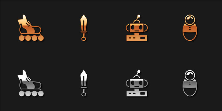 Set Roller skate, Sword toy, Robot and Tumbler doll icon. Vector.