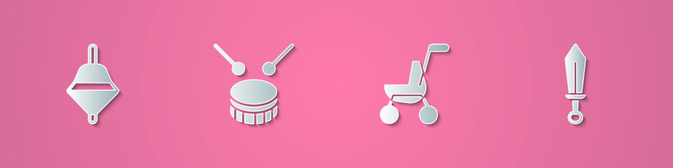 Set paper cut Whirligig toy, Drum with drum sticks, Baby stroller and Sword icon. Paper art style. Vector.