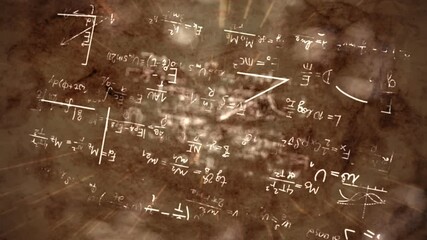 Abstract camera flight through Scientifical formulas on aged paper or rocky background.. Background with equations and problems. Mechanics graphs. - Powered by Adobe