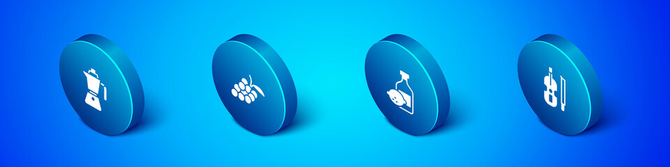 Set Isometric Coffee moca pot, Limoncello bottle, Violin and Grape fruit icon. Vector.