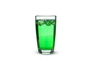 Glass of green soda isolated on white background