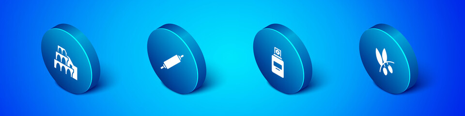 Set Isometric Coliseum in Rome, Perfume, Olives branch and Rolling pin icon. Vector.