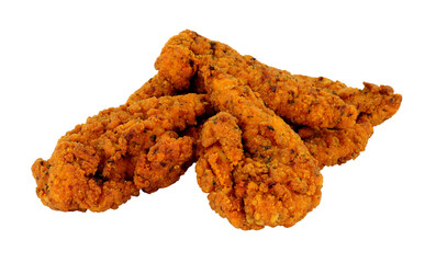 Fried spicy breadcrumb covered chicken fillets isolated on a white background