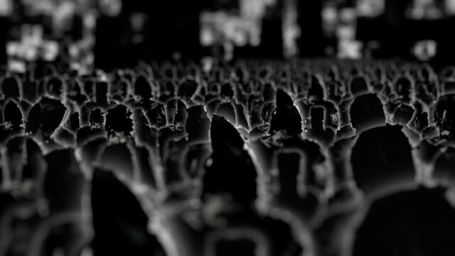 Abstract camera flight over Group of black people. Crowd of black people silhouettes.