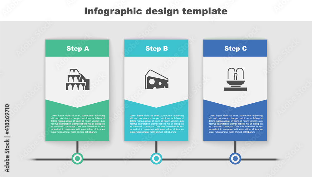 Sticker Set Coliseum in Rome, Cheese and Fountain. Business infographic template. Vector.