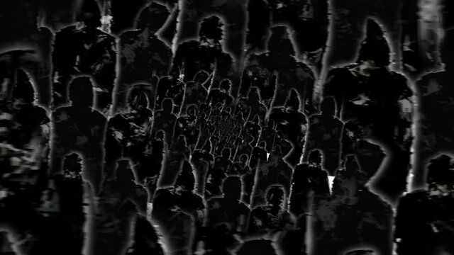 Abstract camera zoom in Group of black people. Crowd of black people silhouettes.
