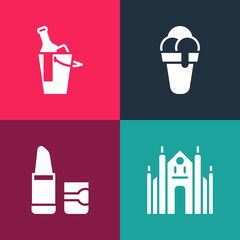 Set pop art Milan Cathedral, Lipstick, Ice cream and Bottle of wine in bucket icon. Vector.