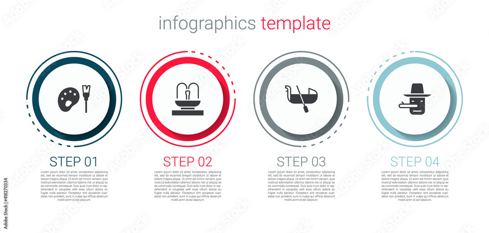 Wall mural set paint brush with palette, fountain, gondola and pinocchio. business infographic template. vector