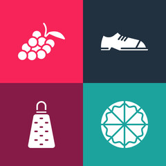 Set pop art Pizza, Grater, Men shoes and Grape fruit icon. Vector.