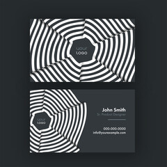Horizontal Business Card Template Design With Optical Illusion Art On Dark Grey Background.