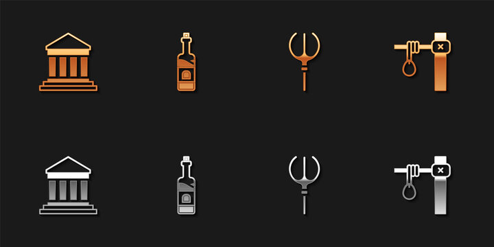 Set Parthenon, Bottle of wine, Neptune Trident and Gallows icon. Vector.