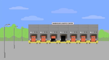 Warehouse logistics center. Delivery of goods by road. Vector illustration