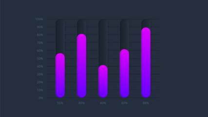 Dark neumorphic column chart infographic. Skeuomorph concept with 5 options, parts, steps or processes