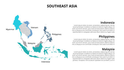 Obraz premium SouthEast Asia vector map infographic template divided by countries. Slide presentation
