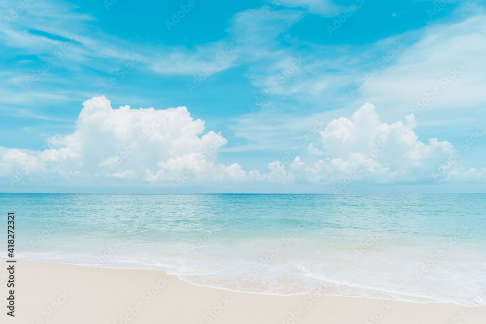 Wall mural beautiful tropical beach with blue sky and white clouds abstract texture background. copy space of s