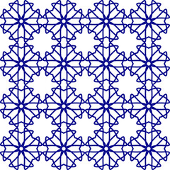 A decorative star or flower repeating outline pattern in blue on a white background, geometric vector illustration