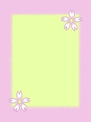A pink frame and cherry blossom petals on light green background