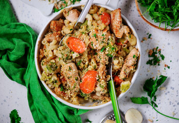 Pasta casserole with turkey and vegetables.top veiw