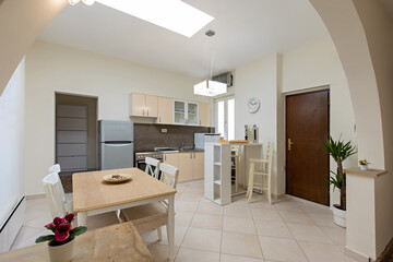 Interior of a kitchen with dining area
