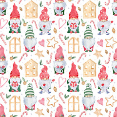Watercolor seamless background with Cute Little Christmas Gnomes. New Year's gnomes in colorful green and red hats.