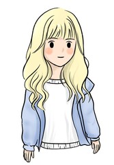 digital painting hand draw illustration character design. Pink Cheek cute girl  in blue sweater and white T-shirt casual dress .