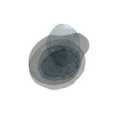 Watercolor stains, abstract postcard template. Layered drawing, ovals and circles. Monochrome background. Raster stock illustration in hand drawn style, white isolated.