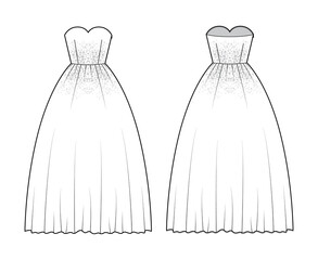 Crinoline dress technical fashion illustration with strapless sweetheart neckline, floor length, full skirt, embellishment motif. Flat template front, back, white color style. Women, unisex CAD mockup